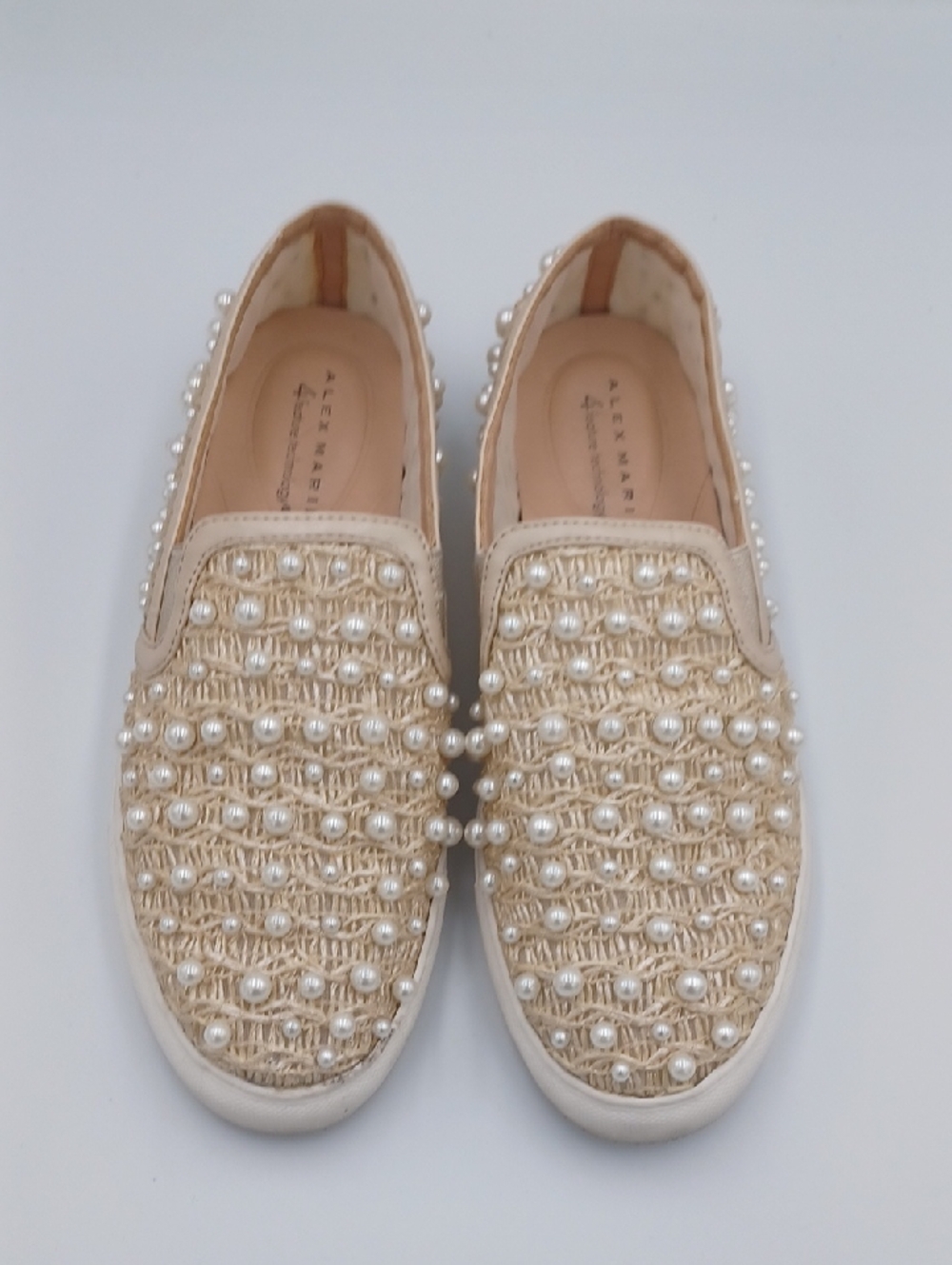 Alex Marie Beige Pearl-Embellished Woven Slip-On Sneakers